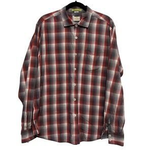 Tommy‎ Bahama Jeans Red Gray Plaid Men's XL Cotton Long Sleeve Shirt